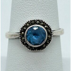 Vintage 925 Sterling Silver Blue Stone & Marcasite Halo Ring Size 6